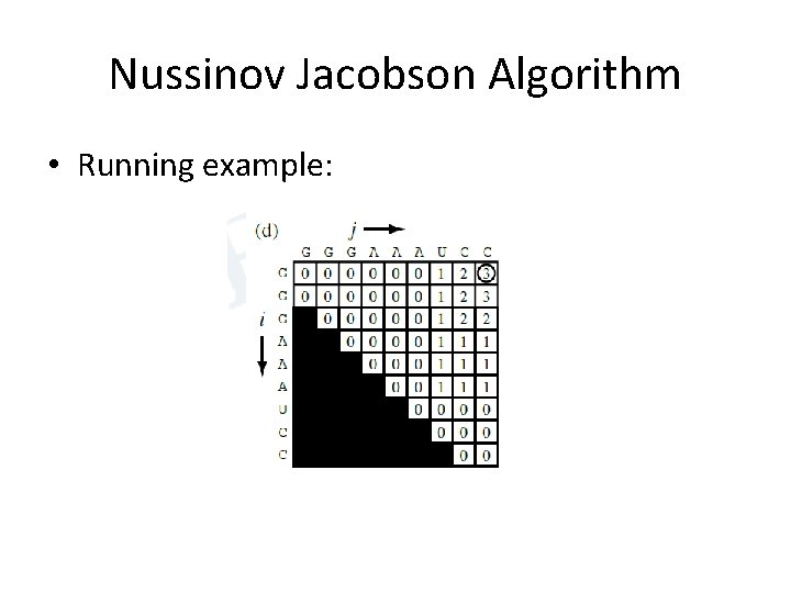 Nussinov Jacobson Algorithm • Running example: 