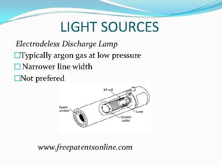 LIGHT SOURCES Electrodeless Discharge Lamp �Typically argon gas at low pressure � Narrower line