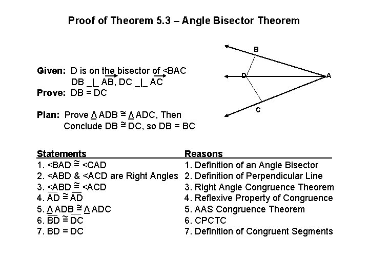 Proof of Theorem 5. 3 – Angle Bisector Theorem B Given: D is on