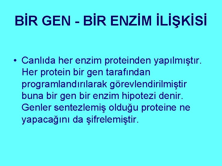 BİR GEN - BİR ENZİM İLİŞKİSİ • Canlıda her enzim proteinden yapılmıştır. Her protein