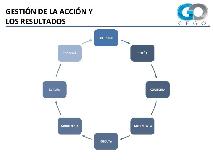 GESTIÓN DE LA ACCIÓN Y LOS RESULTADOS DISTINGUE REDISEÑA EVALUA COORDINA MONITOREA IMPLEMENTA EJECUTA