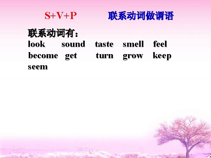 S+V+P 联系动词做谓语 联系动词有： look sound taste smell feel become get turn grow keep seem