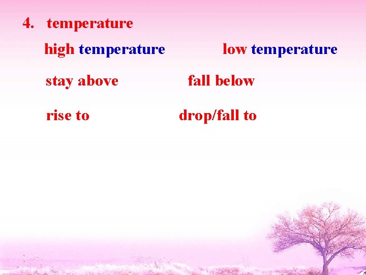 4. temperature high temperature stay above rise to low temperature fall below drop/fall to
