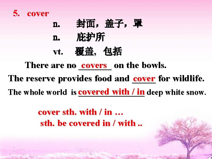 5. cover n. 封面，盖子，罩 n. 庇护所 vt. 覆盖, 包括 There are no _______ covers