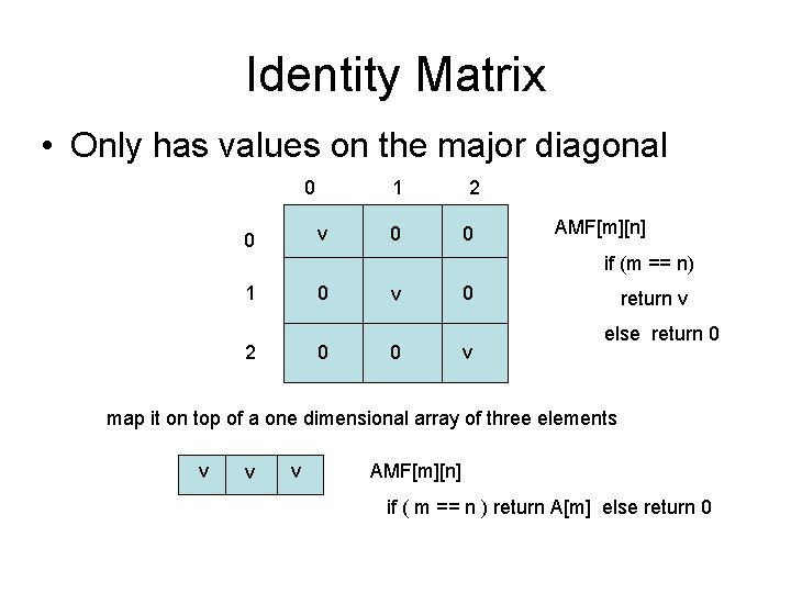 Identity Matrix • Only has values on the major diagonal 0 1 v 0