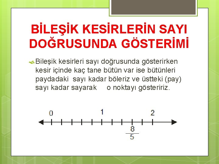 BİLEŞİK KESİRLERİN SAYI DOĞRUSUNDA GÖSTERİMİ Bileşik kesirleri sayı doğrusunda gösterirken kesir içinde kaç tane