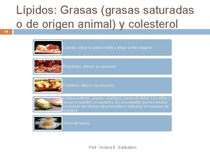 14 Lípidos: Grasas (grasas saturadas o de origen animal) y colesterol Carnes: retirar la