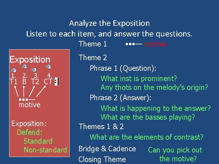 Analyze the Exposition Listen to each item, and answer the questions. Theme 1 Exposition