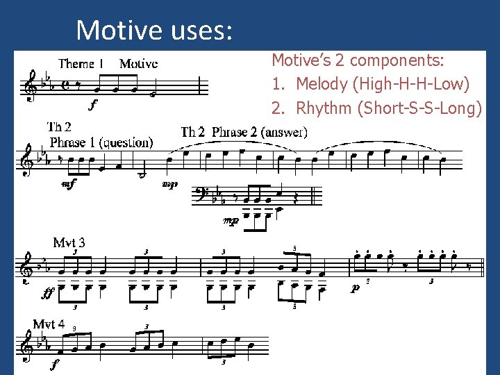 Motive uses: Motive’s 2 components: 1. Melody (High-H-H-Low) 2. Rhythm (Short-S-S-Long) 