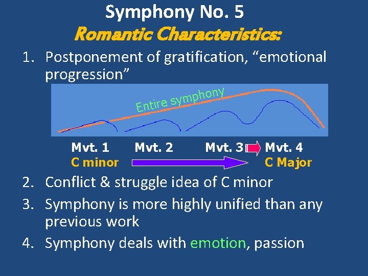 Symphony No. 5 Romantic Characteristics: 1. Postponement of gratification, “emotional progression” Entire Mvt. 1