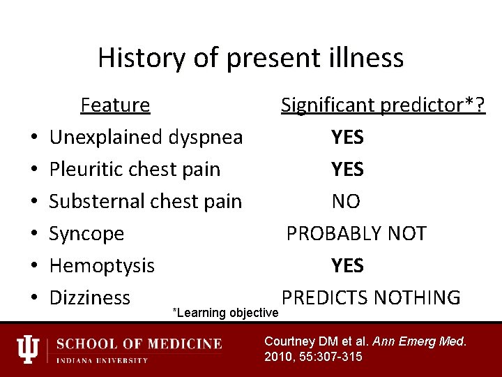 History of present illness • • • Feature Unexplained dyspnea Pleuritic chest pain Substernal