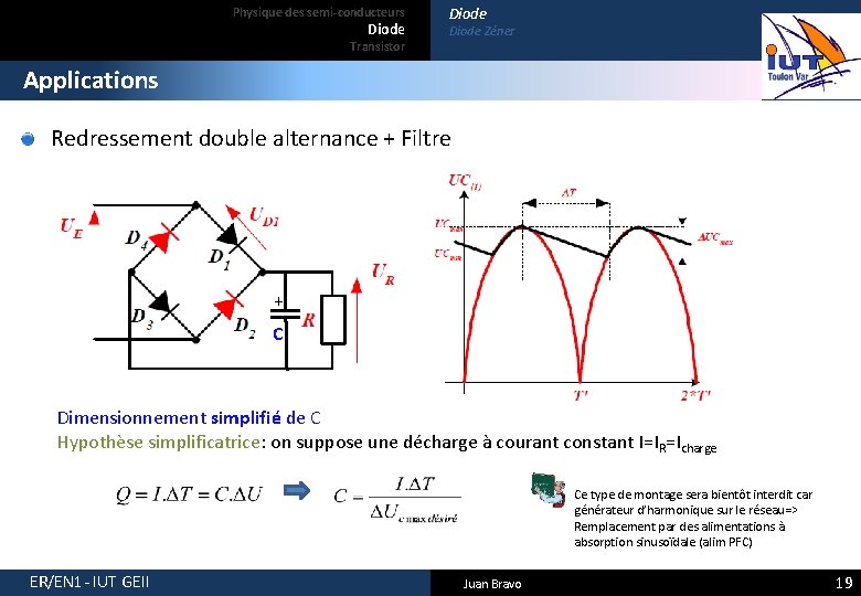 Physique des semi-conducteurs Diode Transistor Diode Zéner Applications Redressement double alternance + Filtre +