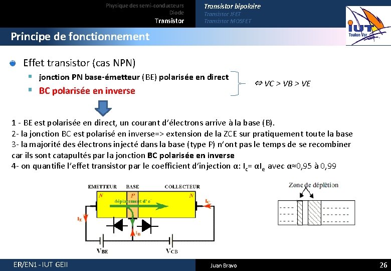 Physique des semi-conducteurs Diode Transistor bipolaire Transistor JFET Transistor MOSFET Principe de fonctionnement Effet