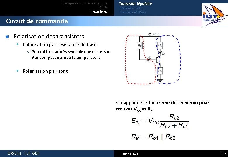 Physique des semi-conducteurs Diode Transistor bipolaire Transistor JFET Transistor MOSFET Circuit de commande Polarisation