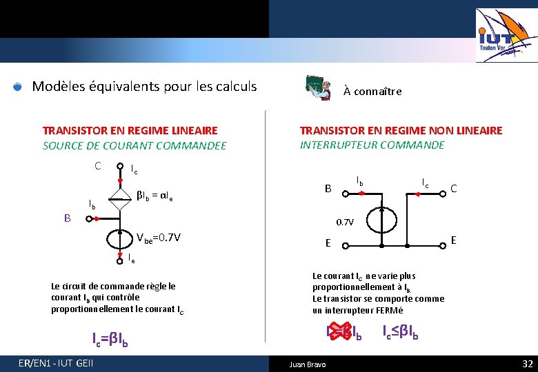 Modèles équivalents pour les calculs TRANSISTOR EN REGIME LINEAIRE SOURCE DE COURANT COMMANDEE C