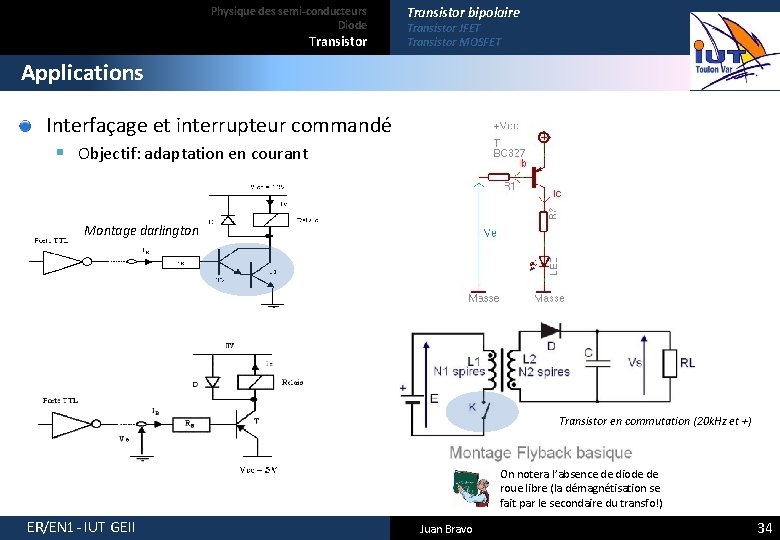 Physique des semi-conducteurs Diode Transistor bipolaire Transistor JFET Transistor MOSFET Applications Interfaçage et interrupteur