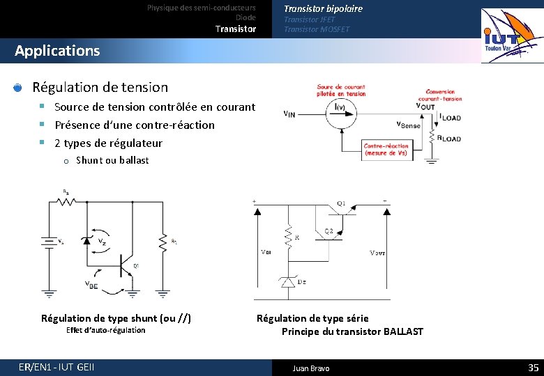 Physique des semi-conducteurs Diode Transistor bipolaire Transistor JFET Transistor MOSFET Applications Régulation de tension