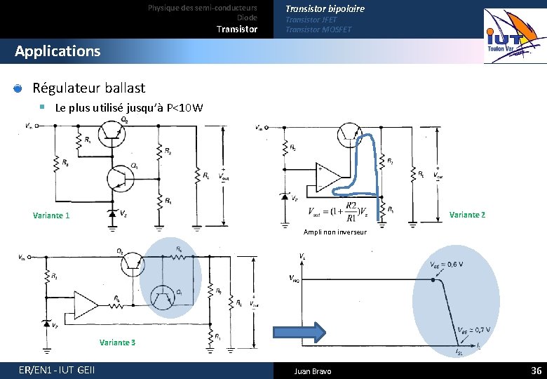 Physique des semi-conducteurs Diode Transistor bipolaire Transistor JFET Transistor MOSFET Applications Régulateur ballast §