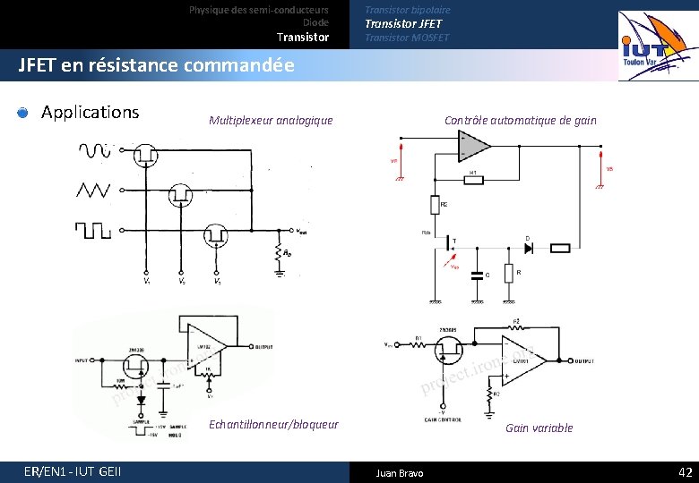 Physique des semi-conducteurs Diode Transistor bipolaire Transistor JFET Transistor MOSFET JFET en résistance commandée