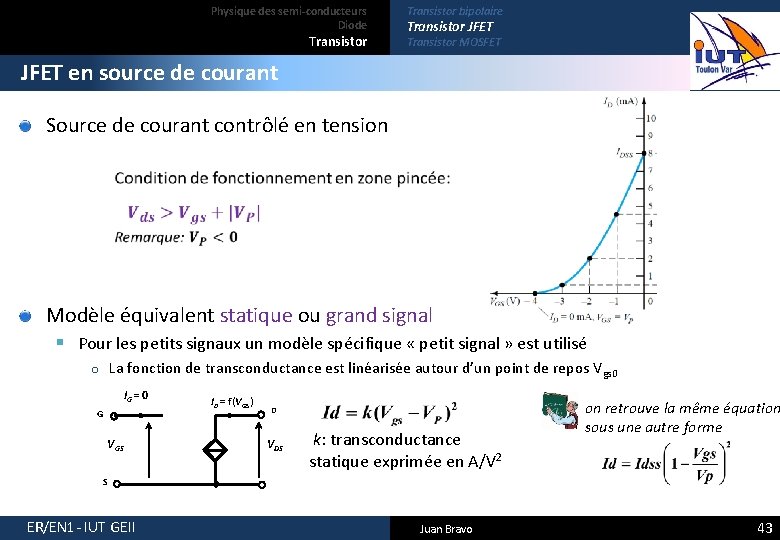 Physique des semi-conducteurs Diode Transistor bipolaire Transistor JFET Transistor MOSFET JFET en source de