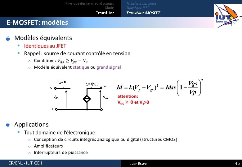 Physique des semi-conducteurs Diode Transistor bipolaire Transistor JFET Transistor MOSFET E-MOSFET: modèles IG =