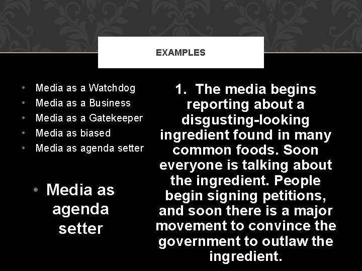 EXAMPLES • • • Media as a Watchdog Media as a Business Media as