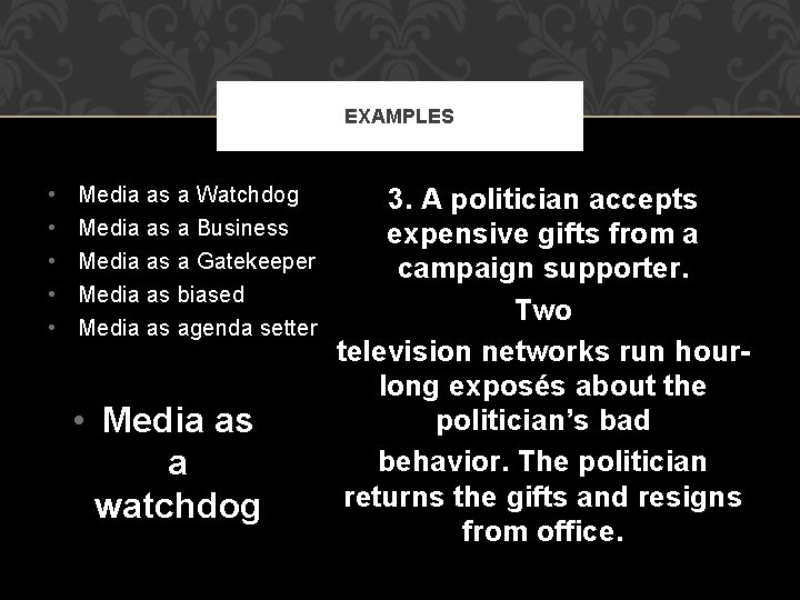 EXAMPLES • • • Media as a Watchdog Media as a Business Media as