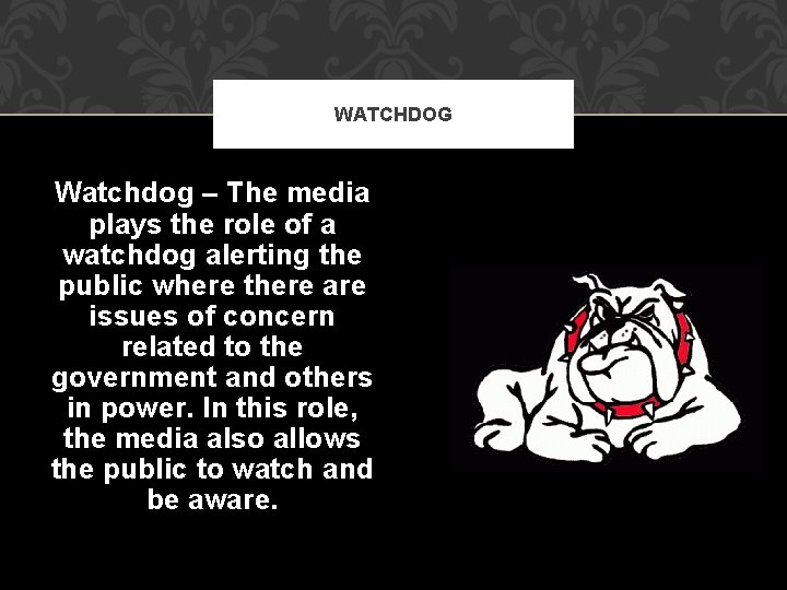 WATCHDOG Watchdog – The media plays the role of a watchdog alerting the public