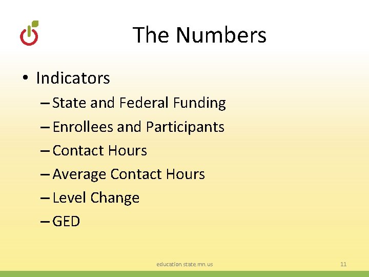 The Numbers • Indicators – State and Federal Funding – Enrollees and Participants –