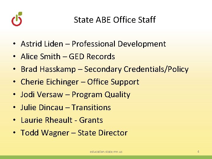 State ABE Office Staff • • Astrid Liden – Professional Development Alice Smith –