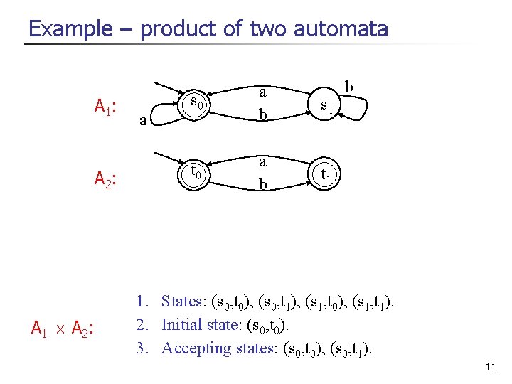 Example – product of two automata A 1: A 2: A 1 £ A Example – product of two automata A 1: A 2: A 1 £ A
