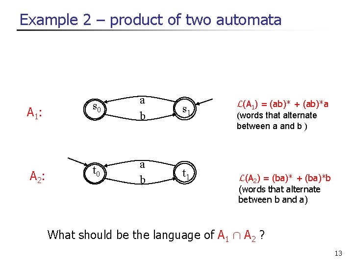 Example 2 – product of two automata A 1: s 0 a b s