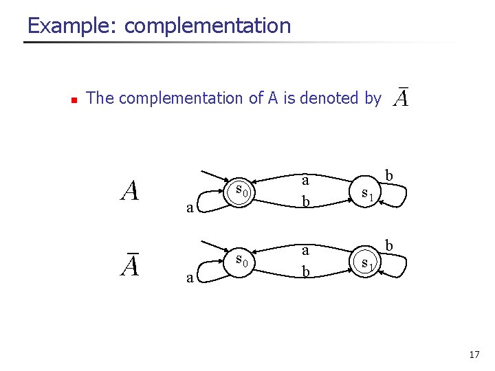 Example: complementation n The complementation of A is denoted by a a s 0