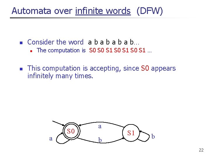 Automata over infinite words (DFW) n Consider the word a b a b… n