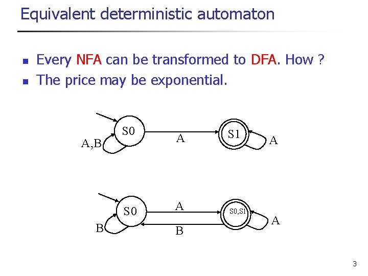 Equivalent deterministic automaton n n Every NFA can be transformed to DFA. How ? Equivalent deterministic automaton n n Every NFA can be transformed to DFA. How ?