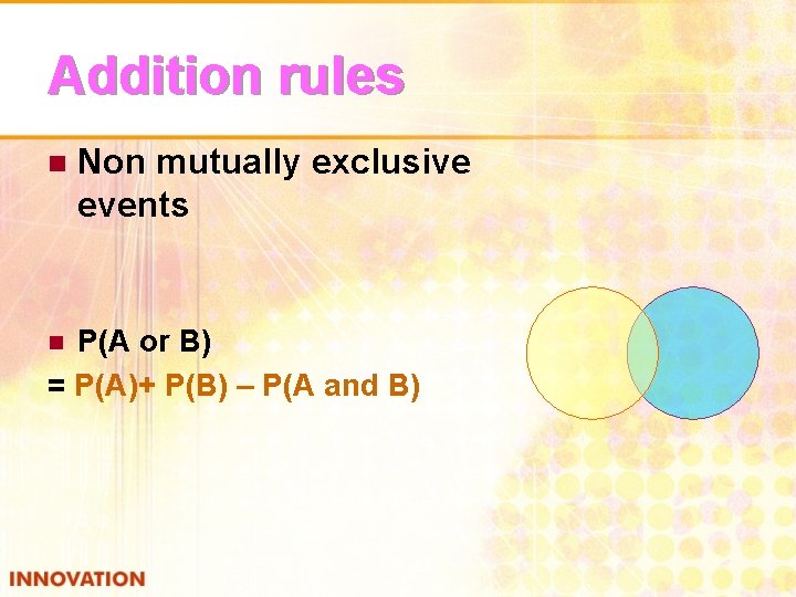 Addition rules n Non mutually exclusive events P(A or B) = P(A)+ P(B) –