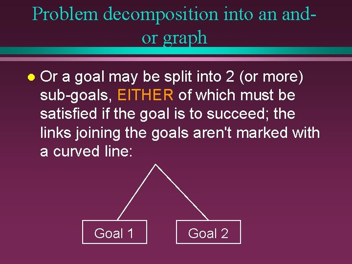Problem decomposition into an andor graph l Or a goal may be split into