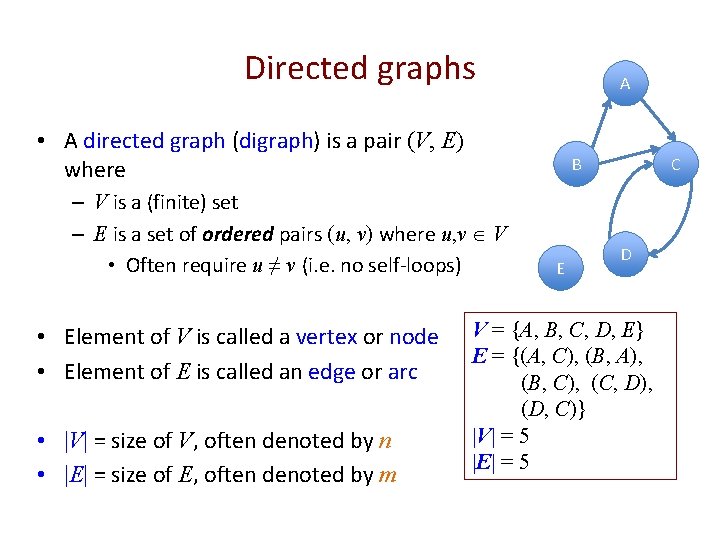 Directed graphs A • A directed graph (digraph) is a pair (V, E) where