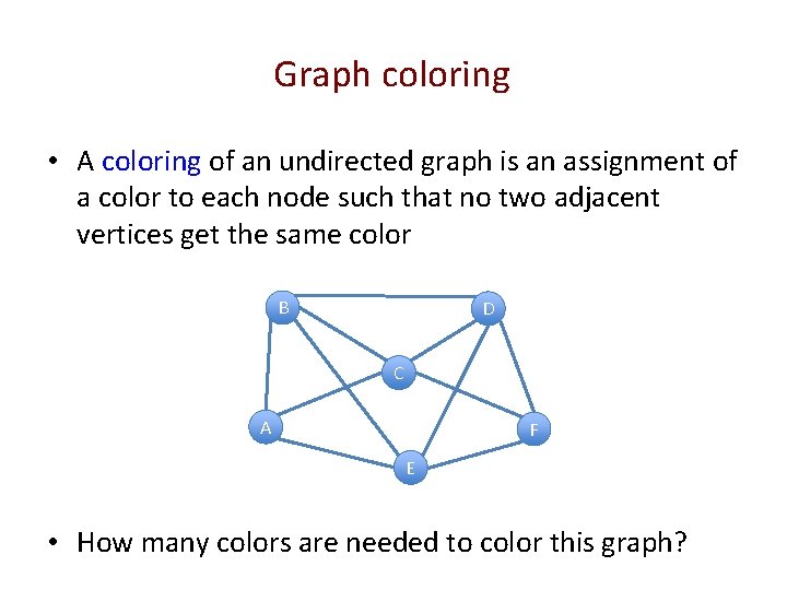 Graph coloring • A coloring of an undirected graph is an assignment of a