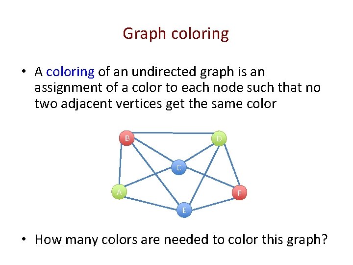 Graph coloring • A coloring of an undirected graph is an assignment of a