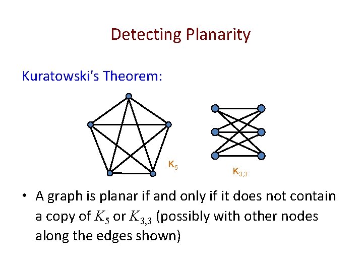 Detecting Planarity Kuratowski's Theorem: K 5 K 3, 3 • A graph is planar