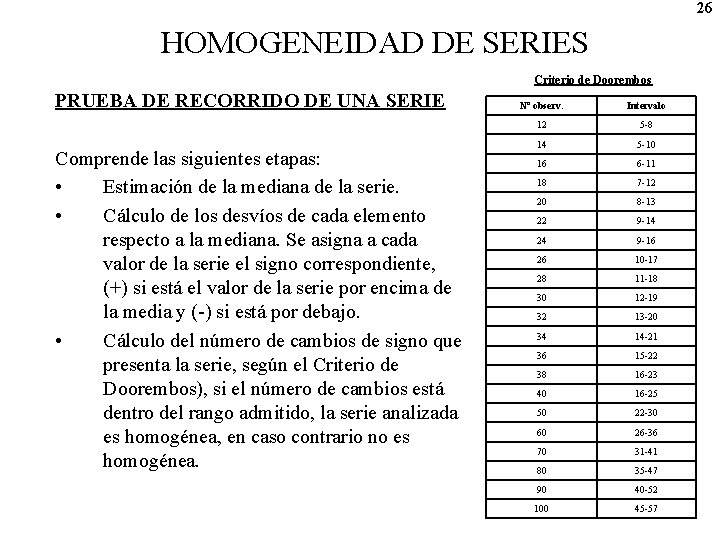 26 HOMOGENEIDAD DE SERIES Criterio de Doorembos PRUEBA DE RECORRIDO DE UNA SERIE Comprende