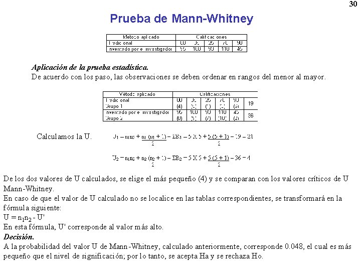 30 Prueba de Mann-Whitney Aplicación de la prueba estadística. De acuerdo con los paso,