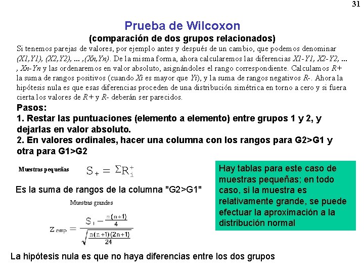 31 Prueba de Wilcoxon (comparación de dos grupos relacionados) Si tenemos parejas de valores,