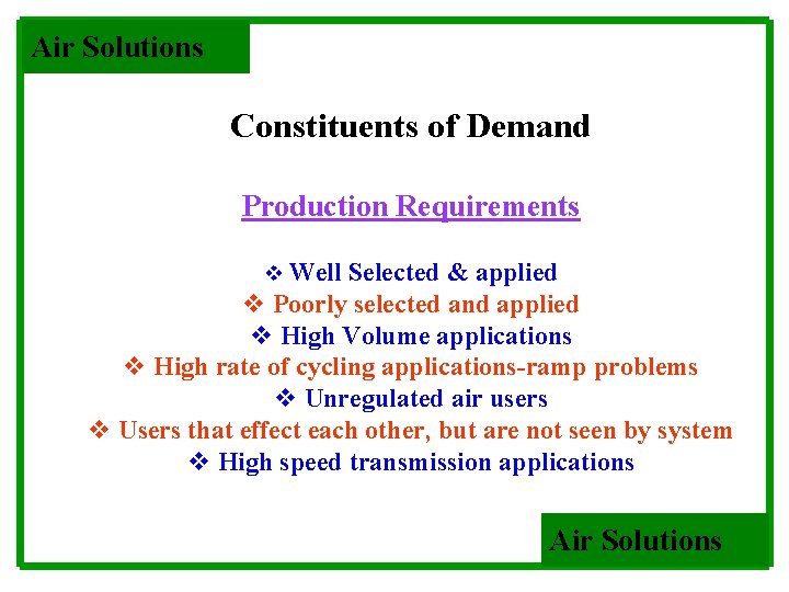 Air Solutions Constituents of Demand Production Requirements v Well Selected & applied v Poorly