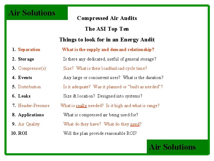 Air Solutions Compressed Air Audits The ASI Top Ten Things to look for in