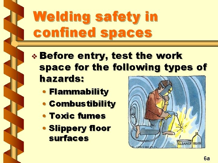 Welding safety in confined spaces v Before entry, test the work space for the