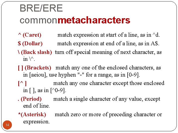 BRE/ERE commonmetacharacters 14 ^ (Caret) match expression at start of a line, as in