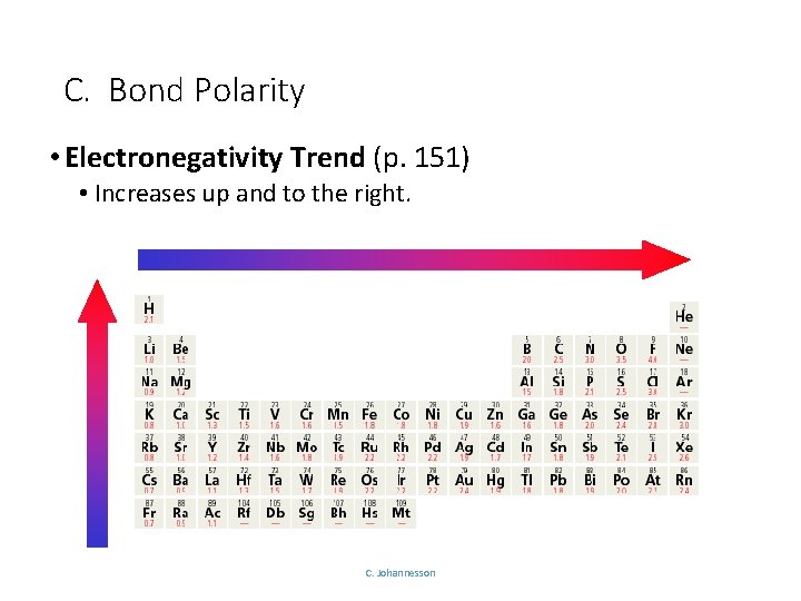 C. Bond Polarity • Electronegativity Trend (p. 151) • Increases up and to the