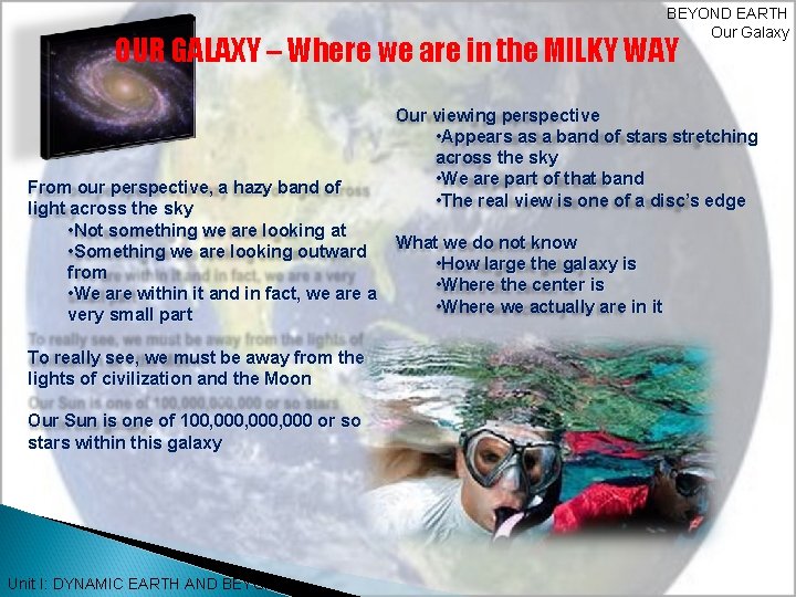 BEYOND EARTH Our Galaxy OUR GALAXY – Where we are in the MILKY WAY